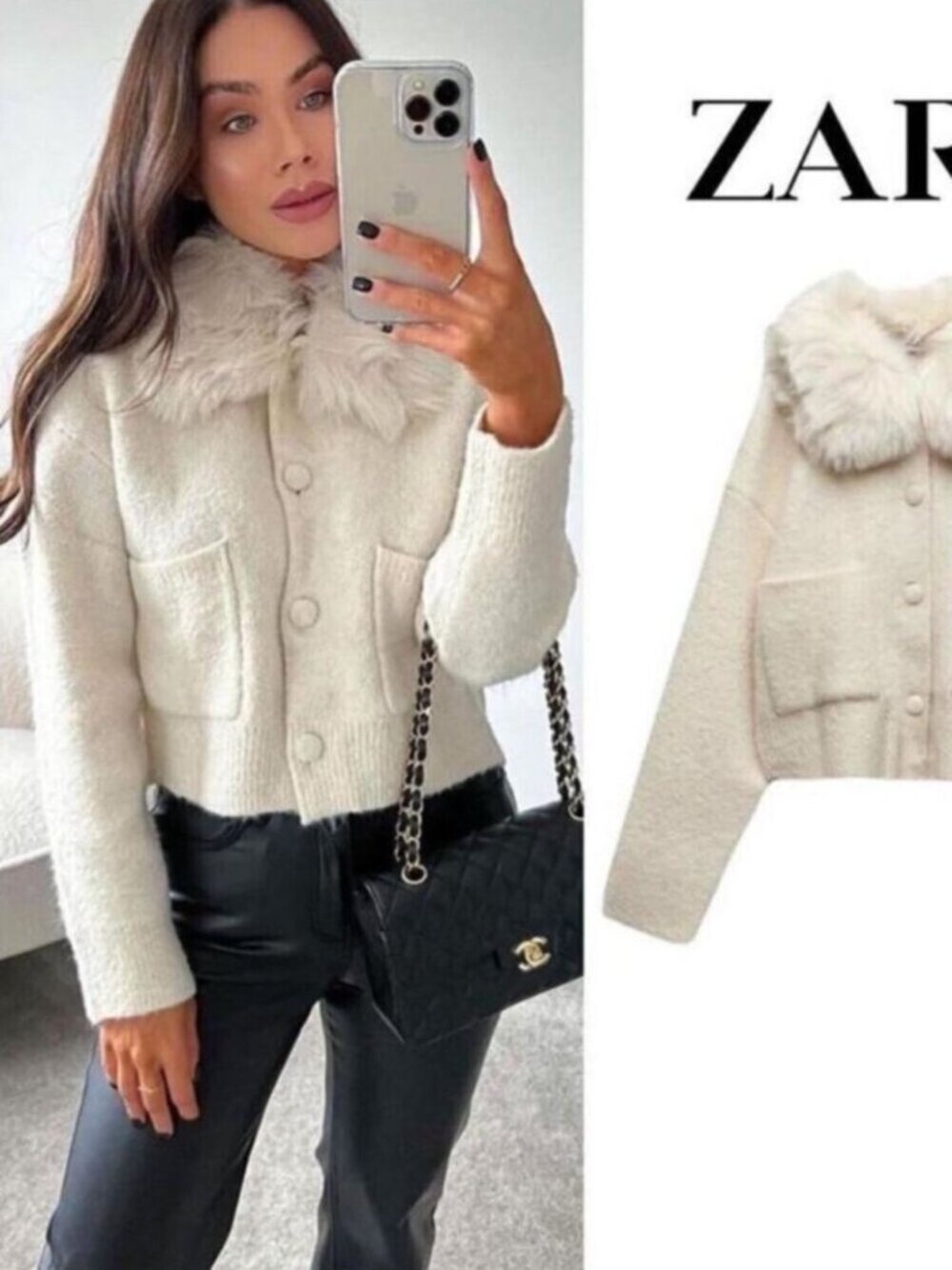 Zara Short Knit Cardigan Detachable Faux Fur Collar Ecru White Size Medium